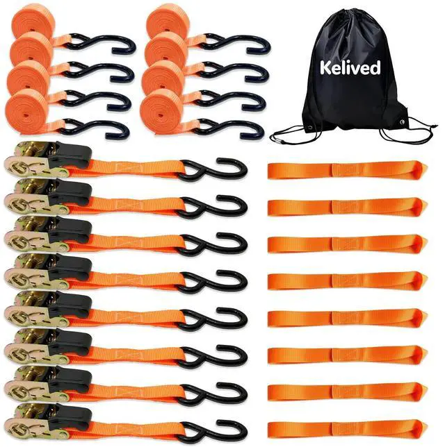Main image of 8PK Ratchet Tie Down Straps - 1in x 16feet, 1760LBS Break Strength, 8 Soft Loops, Wear-Resistant Webbing with Non-Slip Rubber Handle, S-Hooks & Storage Bag