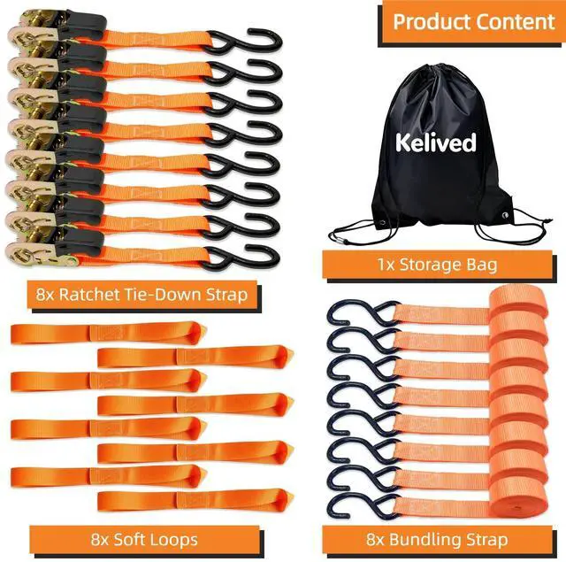 Alt view image 7 of 7 - 8PK Ratchet Tie Down Straps - 1in x 16feet, 1760LBS Break Strength, 8 Soft Loops, Wear-Resistant Webbing with Non-Slip Rubber Handle, S-Hooks & Storage Bag