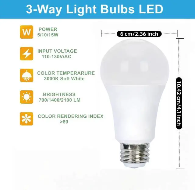 Alt view image 3 of 7 - 4-Pack 3-Way LED Bulb A19 E26, 50/100/150W Equivalent, 3000K Soft White