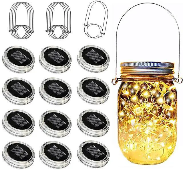 Main image of Solar Mason Jar Lid Lights 12 Pack 30 LED Waterproof Outdoor Decor | 30 LED Copper Wire String Light, Outdoor Garden Yard Decor, Solar Powered Auto On/Off, Regular Jar Hangers & No Jars Included