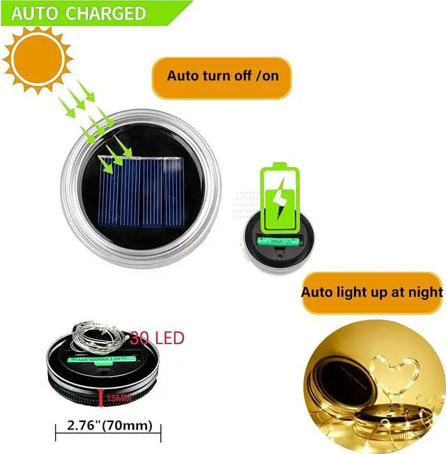 Alt view image 6 of 7 - Solar Mason Jar Lid Lights 12 Pack 30 LED Waterproof Outdoor Decor | 30 LED Copper Wire String Light, Outdoor Garden Yard Decor, Solar Powered Auto On/Off, Regular Jar Hangers & No Jars Included