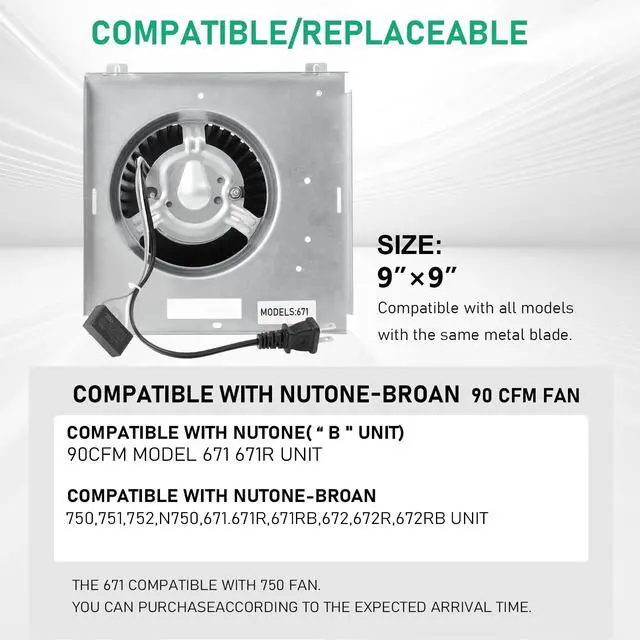 Alt view image 2 of 6 - Upgrade Model 671 Fan Compatible with Nutone 671rb, 672r, Compatible with Broan 750,751,752,N750,Compatible with 671, 671R, 671RB, 672, 672R, 672RB Unit, 3.5 Sones, 9"×9"