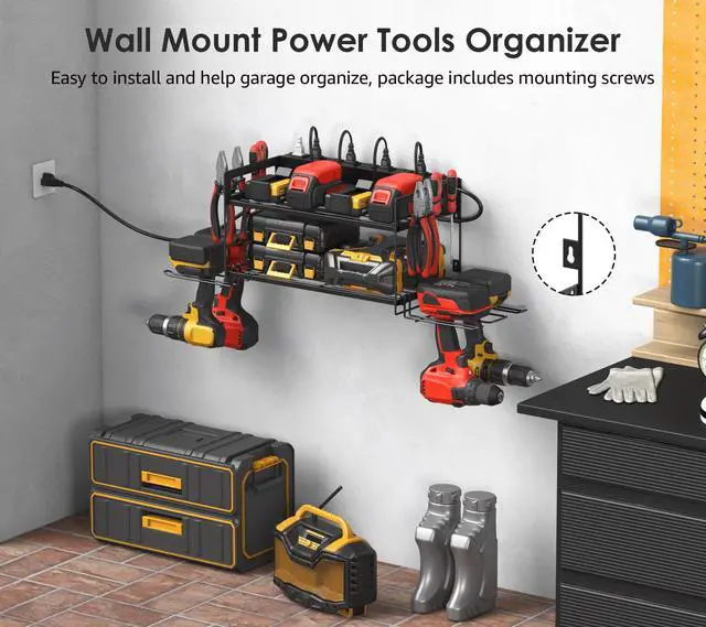 Alt view image 3 of 7 - Garage Tools Storage with Charging Station. Power Tool Battery Organizer Utility Shelf with Power Strip. 4 Drills Holder Wall Mount Rack, Black