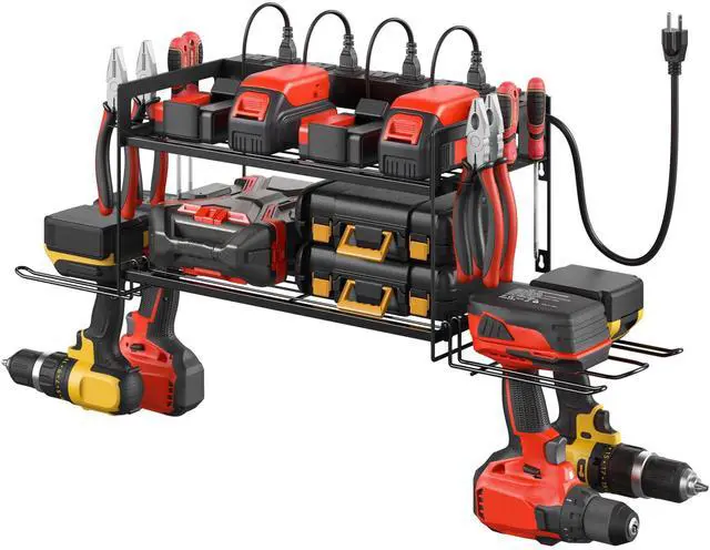 Main image of Garage Tools Storage with Charging Station. Power Tool Battery Organizer Utility Shelf with Power Strip. 4 Drills Holder Wall Mount Rack, Black