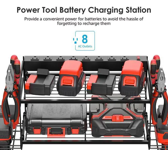 Alt view image 2 of 7 - Garage Tools Storage with Charging Station. Power Tool Battery Organizer Utility Shelf with Power Strip. 4 Drills Holder Wall Mount Rack, Black