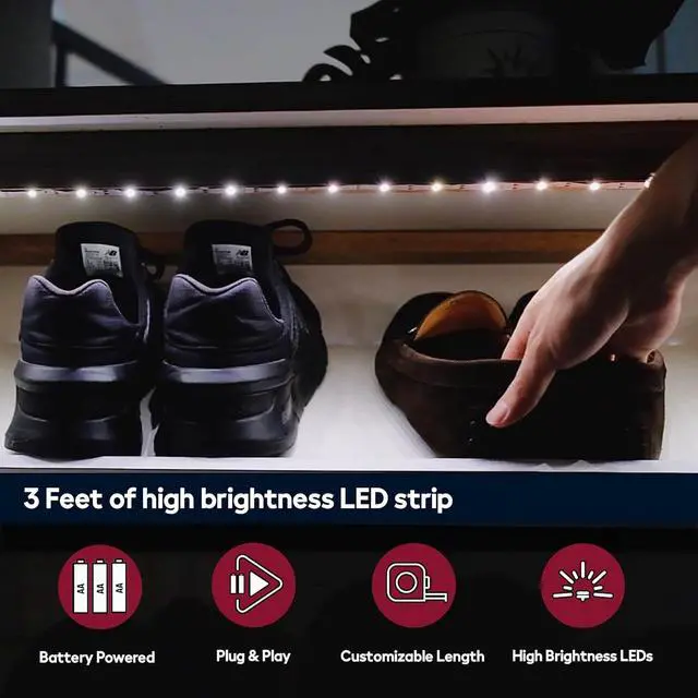 Alt view image 4 of 6 - Battery Powered LED Strip Lights, 3 Pack 40 Inch Battery Operated LED Strip Lights for Shelves and Under Cabinet Indoor Use, Cordless LED Light Strips Warm White 2700K