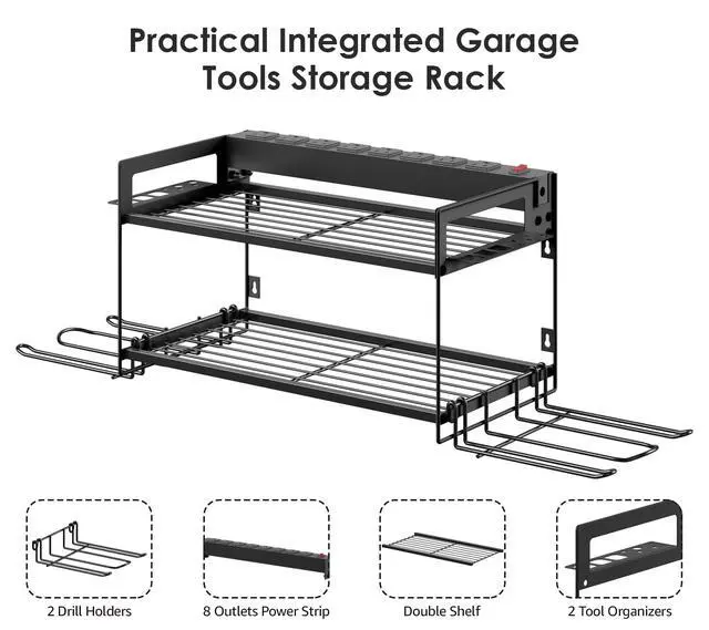 Alt view image 4 of 7 - Garage Tools Storage with Charging Station. Power Tool Battery Organizer Utility Shelf with Power Strip. 4 Drills Holder Wall Mount Rack, Black