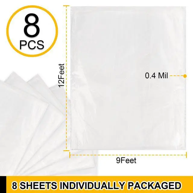 Alt view image 2 of 6 - 8 Pack Plastic Drop Cloth, 9x12 Ft Plastic Sheeting for Painting | Dust-Proof Tear-Resistant Painters Plastics Tarp Cloth for Furniture Floor Sofa Protector Cover Durable & Thick