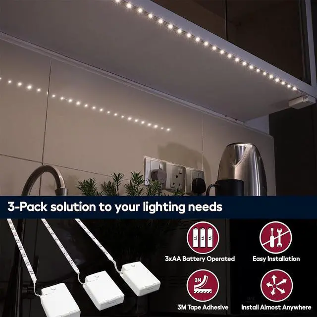 Alt view image 6 of 6 - Battery Powered LED Strip Lights, 3 Pack 40 Inch Battery Operated LED Strip Lights for Shelves and Under Cabinet Indoor Use, Cordless LED Light Strips Warm White 2700K