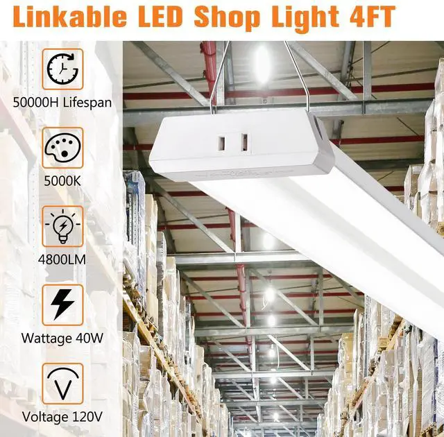 Alt view image 2 of 7 - 4FT Linkable LED Shop Light for Garages, 42W 4800LM 5000K Daylight Led Shop Lights, Ceiling Light with Pull Chain (ON/Off), Linear Worklight Fixture with Plug, 2 Pack