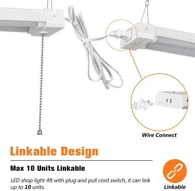 Alt view image 3 of 7 - 4FT Linkable LED Shop Light for Garages, 42W 4800LM 5000K Daylight Led Shop Lights, Ceiling Light with Pull Chain (ON/Off), Linear Worklight Fixture with Plug, 2 Pack