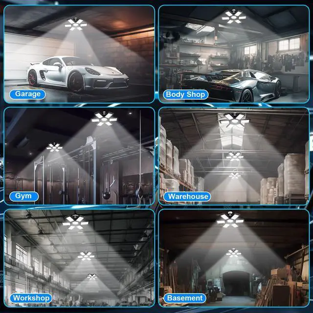 Alt view image 6 of 6 - 4 Pack Garage Lights, 28000LM Super Bright LED Shop Lights with 6+1 Deformable Panels, 6500K Garage Light Ceiling Led, E26 Socket Screw in Bulb for Warehouse, Workshop, Basement, Attic