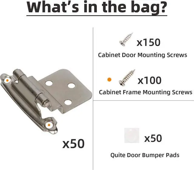Alt view image 5 of 7 - 3/8" Inset Cabinet Hinges Brushed Nickel (25 Pair -50 Pcs) Offset Self Closing Cabinet Hinges for Kitchen Cabinets Satin Nickel w/Silicon Bumpers & Upgraded Screws
