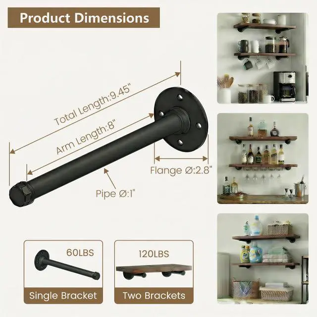 Alt view image 4 of 7 - Industrial Black Iron Pipe Shelf Brackets Wall Mount DIY Shelving Brackets Pipe Decor Wall Rustic Garment Rack Hardware Included, 8 Inch Set of 8