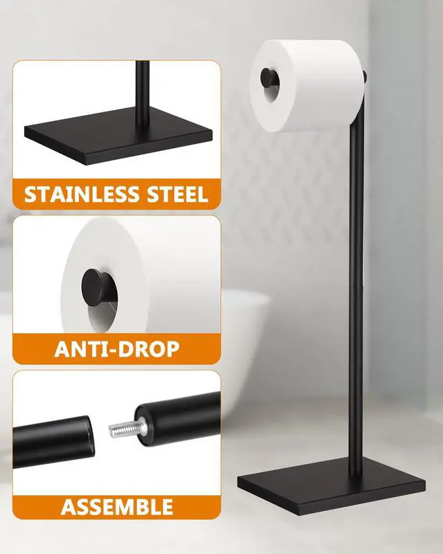 Alt view image 3 of 7 - Free Standing Bathroom Toilet Paper Holder Stand with Reserve, Stainless Steel Pedestal Tissue Roll Holder, Black