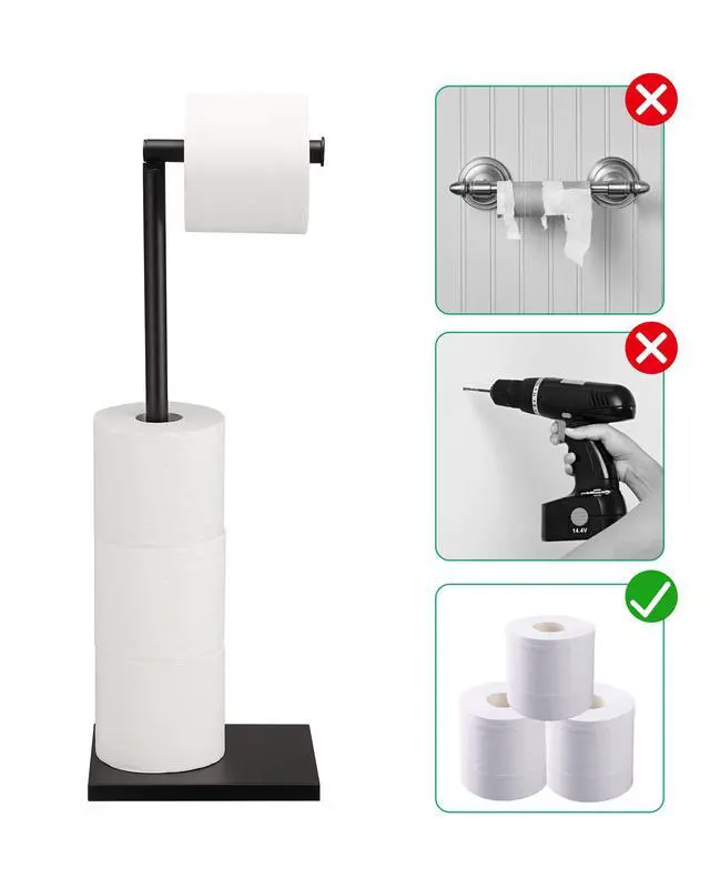 Alt view image 5 of 7 - Free Standing Bathroom Toilet Paper Holder Stand with Reserve, Stainless Steel Pedestal Tissue Roll Holder, Black