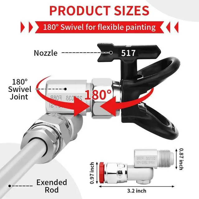 Alt view image 3 of 7 - 8 Piece Set of Extension Pole Rod,Airless Paint Sprayer Gun Tip Extension Pole,with Swivel Joint Reversible Spray Tips and Tip Guard Protector (8in 12in 20in 30in 40in)