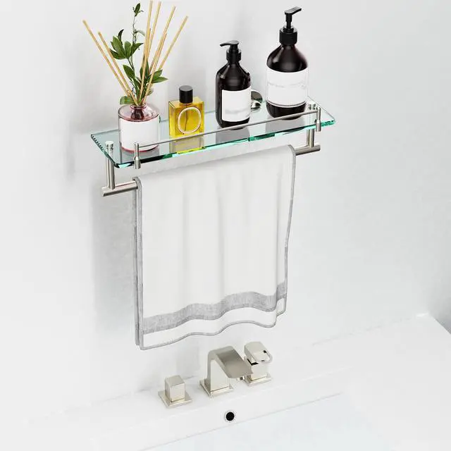 Alt view image 2 of 5 - Floating Tempered Glass Bathroom Shelf with Towel Bar - Brushed Nickel & Stainless Steel, Wall Mount 16 Inch