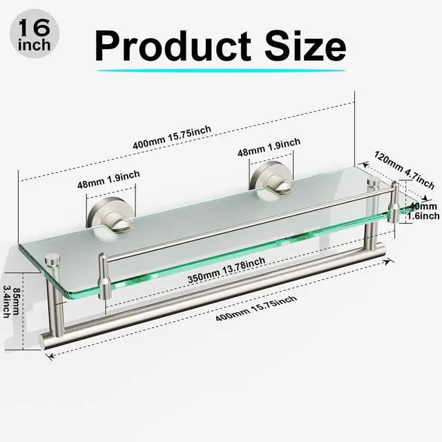 Alt view image 3 of 5 - Floating Tempered Glass Bathroom Shelf with Towel Bar - Brushed Nickel & Stainless Steel, Wall Mount 16 Inch