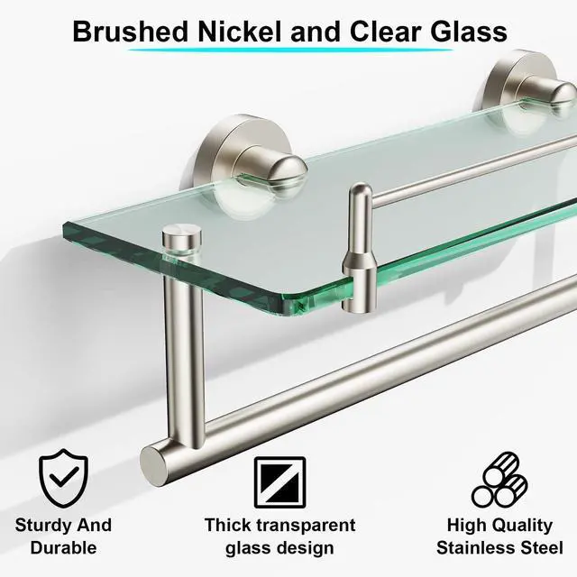 Alt view image 5 of 5 - Floating Tempered Glass Bathroom Shelf with Towel Bar - Brushed Nickel & Stainless Steel, Wall Mount 16 Inch