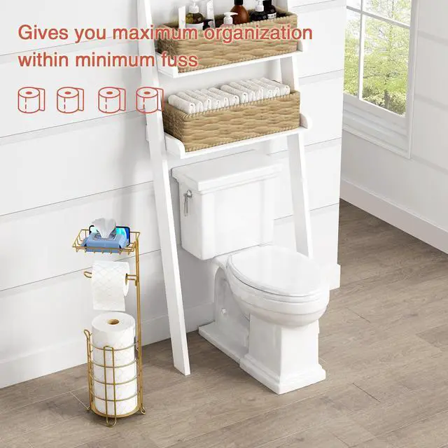Alt view image 3 of 7 - Gold Free Standing Toilet Paper Holder Stand with Phone Shelf, Floor Bathroom Tissue Holder for Large Mega Rolls, Metal Freestanding Toilet Paper Roll Holder with Wipes Storage Tray