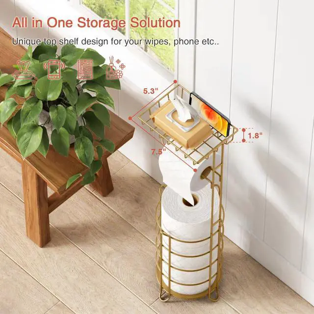Alt view image 5 of 7 - Gold Free Standing Toilet Paper Holder Stand with Phone Shelf, Floor Bathroom Tissue Holder for Large Mega Rolls, Metal Freestanding Toilet Paper Roll Holder with Wipes Storage Tray