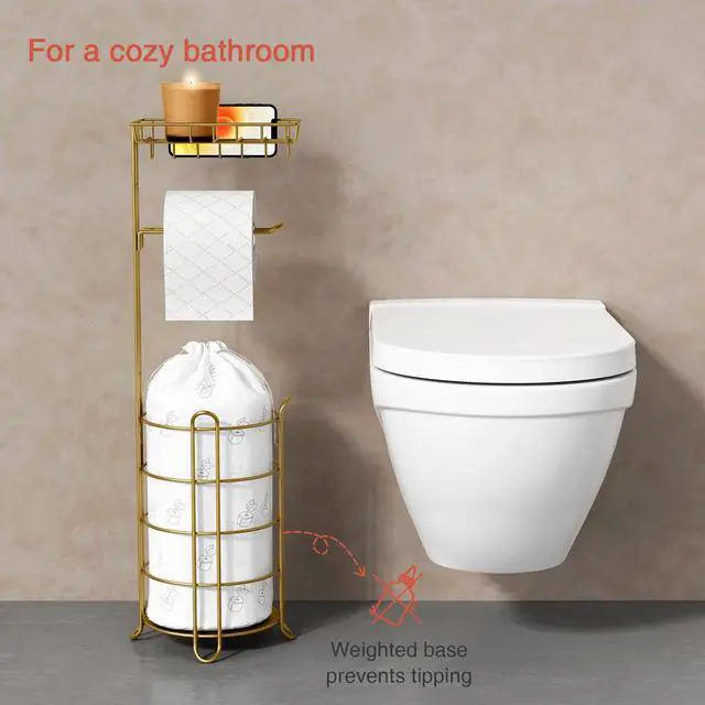 Alt view image 7 of 7 - Gold Free Standing Toilet Paper Holder Stand with Phone Shelf, Floor Bathroom Tissue Holder for Large Mega Rolls, Metal Freestanding Toilet Paper Roll Holder with Wipes Storage Tray