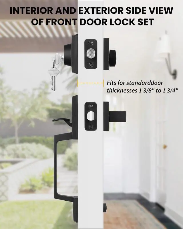 Alt view image 3 of 7 - Front Door Handle and Deadbolt Set, Black Front Door Lock Set with Reversible Handle Lever, Modern Front Door Hardware, Single Cylinder Front Door Entry Lock, Front Door Handles and Locks
