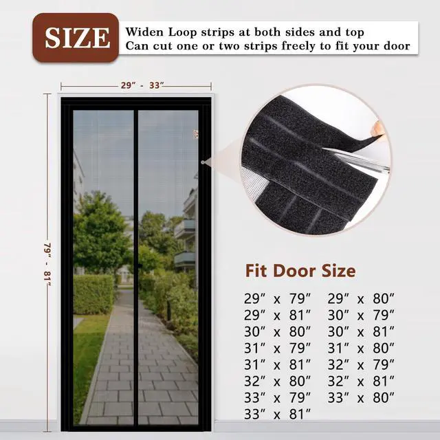 Alt view image 2 of 7 - Adjustable Magnetic Screen Door, Width 29"-33" Height 79"-81" | Reinforced Fiberglass Mesh, Full Frame Hook&Loop Strip, Hands-Free Entry, For Front, Back Patio Doors, Black