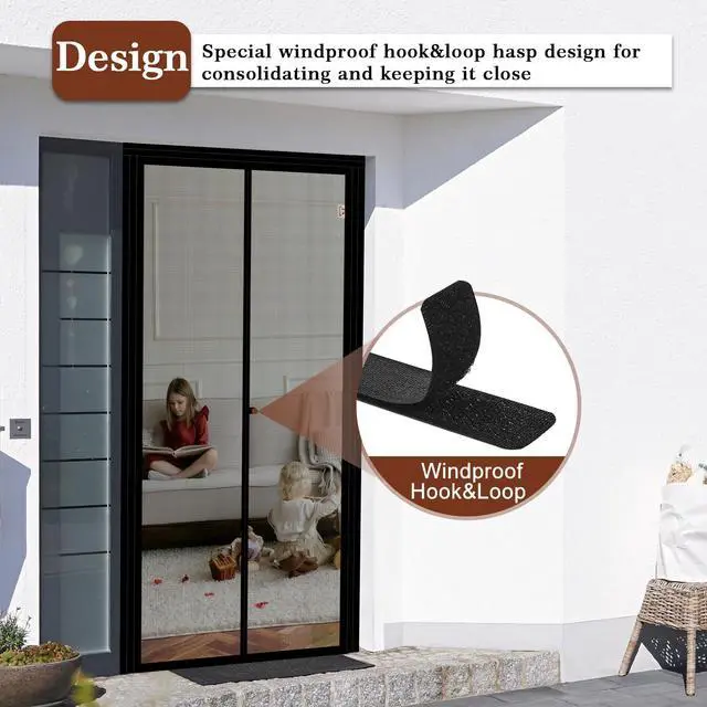 Alt view image 5 of 7 - Adjustable Magnetic Screen Door, Width 29"-33" Height 79"-81" | Reinforced Fiberglass Mesh, Full Frame Hook&Loop Strip, Hands-Free Entry, For Front, Back Patio Doors, Black