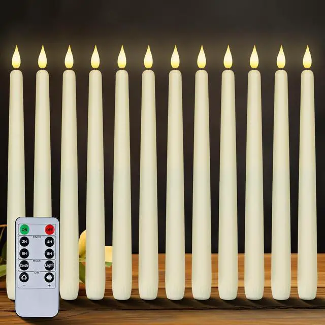 Main image of 12 Pcs Flameless Taper Candles with Remote Timer Dimmer, 11 inches Ivory Taper Candles Battery Operated, Plastic LED Candlesticks with Flickering Flame for Halloween Christmas Church Wedding