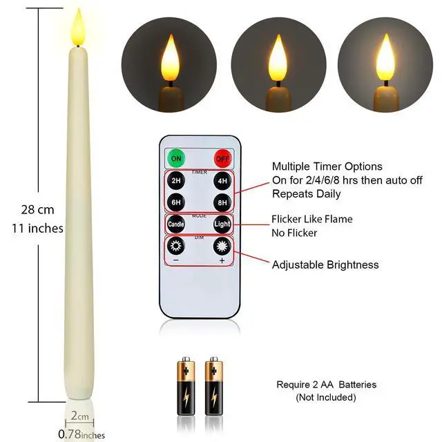 Alt view image 4 of 7 - 12 Pcs Flameless Taper Candles with Remote Timer Dimmer, 11 inches Ivory Taper Candles Battery Operated, Plastic LED Candlesticks with Flickering Flame for Halloween Christmas Church Wedding