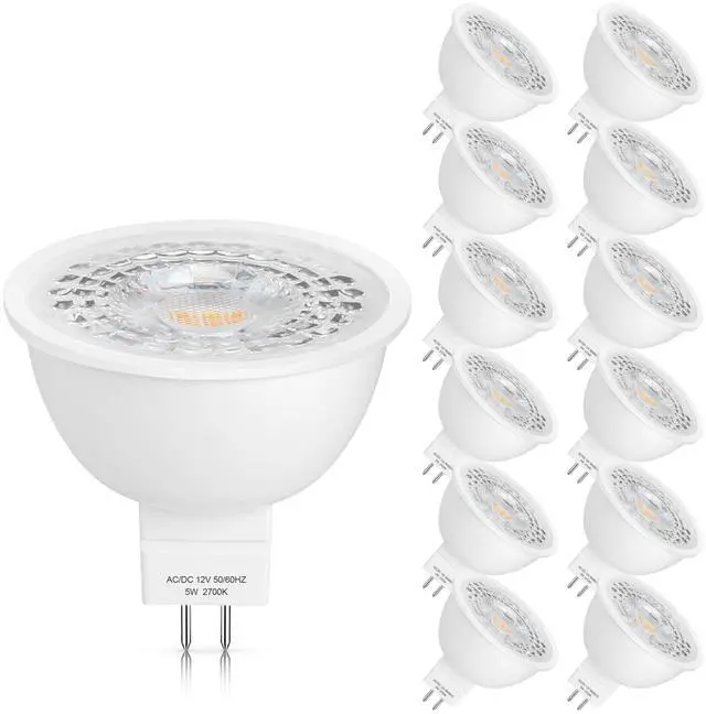 Main image of 12 Pack MR16 LED Bulbs 5W GU5.3 12V Spotlights, 2700K Warm White | 50W Halogen Equivalent, Non-Dimmable, 45° Beam Angle, 450lm, Landscape, Recessed, Track Lighting, Low Voltage, Bi-Pin Base