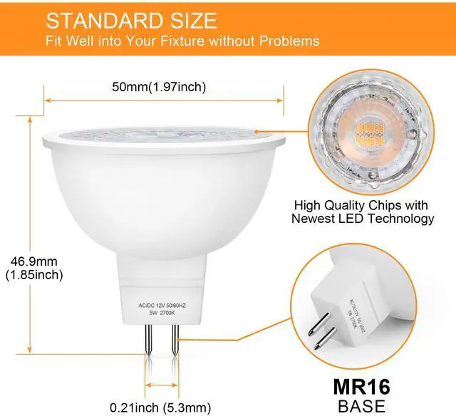 Alt view image 2 of 6 - 12 Pack MR16 LED Bulbs 5W GU5.3 12V Spotlights, 2700K Warm White | 50W Halogen Equivalent, Non-Dimmable, 45° Beam Angle, 450lm, Landscape, Recessed, Track Lighting, Low Voltage, Bi-Pin Base
