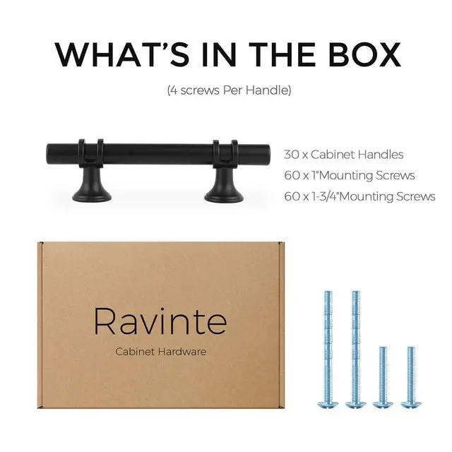 Alt view image 7 of 7 - Matte Black T-Bar Handles, Cabinet Pulls, 3 Inch, 30 Pack | 5 Inch Overall Length, Stainless Steel, Smooth Feel, Round Bar Shape, Screws Included, for Kitchen Drawers & Cupboards