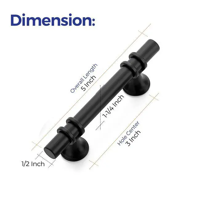 Alt view image 3 of 7 - Matte Black T-Bar Handles, Cabinet Pulls, 3 Inch, 30 Pack | 5 Inch Overall Length, Stainless Steel, Smooth Feel, Round Bar Shape, Screws Included, for Kitchen Drawers & Cupboards