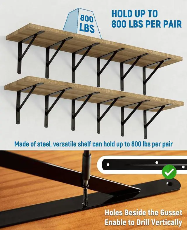 Alt view image 5 of 6 - 8-Pack 18 Inch Heavy Duty Shelf Brackets, Large Floating Shelf Bracket | for Garage/Office/Kitchen/Laudry Room Wall Mounted Storage Shelves, Load Capacity 800lbs