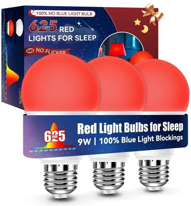Main image of Red Light Bulbs for Sleep Aid100% Blue Light Blocking625nm 9W 3PK | Support Natural Melatonin, for Sleep/Read/Baby Nursery/Circadian Rhythm, No Flicker True Blue-light-free, 9W LED=60W for Lamp
