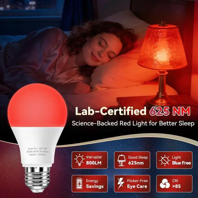 Alt view image 2 of 7 - Red Light Bulbs for Sleep Aid100% Blue Light Blocking625nm 9W 3PK | Support Natural Melatonin, for Sleep/Read/Baby Nursery/Circadian Rhythm, No Flicker True Blue-light-free, 9W LED=60W for Lamp
