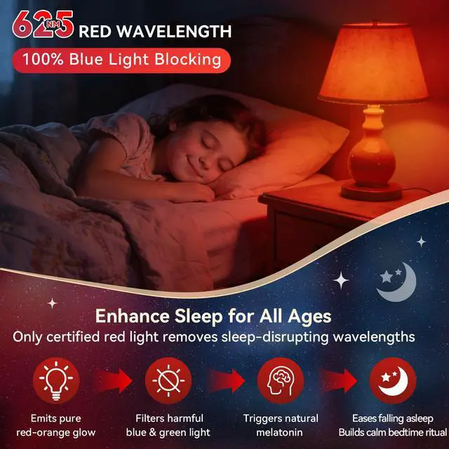 Alt view image 4 of 7 - Red Light Bulbs for Sleep Aid100% Blue Light Blocking625nm 9W 3PK | Support Natural Melatonin, for Sleep/Read/Baby Nursery/Circadian Rhythm, No Flicker True Blue-light-free, 9W LED=60W for Lamp