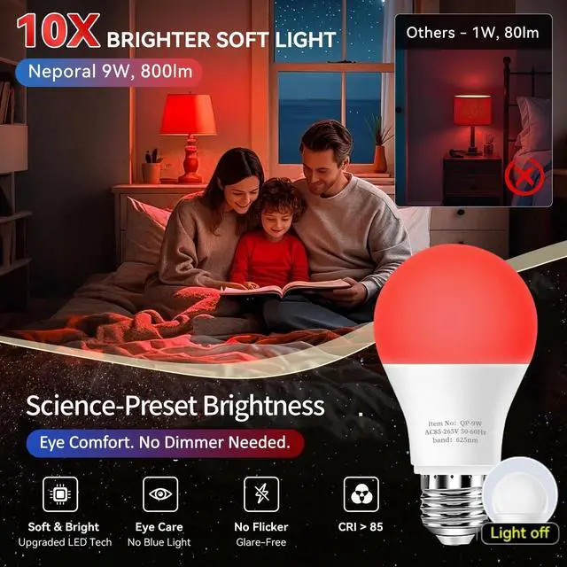 Alt view image 5 of 7 - Red Light Bulbs for Sleep Aid100% Blue Light Blocking625nm 9W 3PK | Support Natural Melatonin, for Sleep/Read/Baby Nursery/Circadian Rhythm, No Flicker True Blue-light-free, 9W LED=60W for Lamp