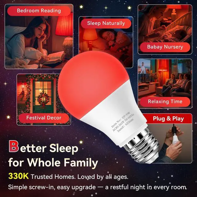 Alt view image 6 of 7 - Red Light Bulbs for Sleep Aid100% Blue Light Blocking625nm 9W 3PK | Support Natural Melatonin, for Sleep/Read/Baby Nursery/Circadian Rhythm, No Flicker True Blue-light-free, 9W LED=60W for Lamp