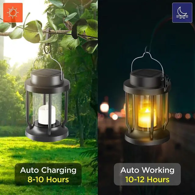 Alt view image 2 of 7 - Solar Lantern Outdoor Indoor Use Hanging Solar Lights with Realistic Flickering Flameless Candle, Weatherproof for Garden Decor, Patios, Trees, and Lawns (Black, 2 Pack)