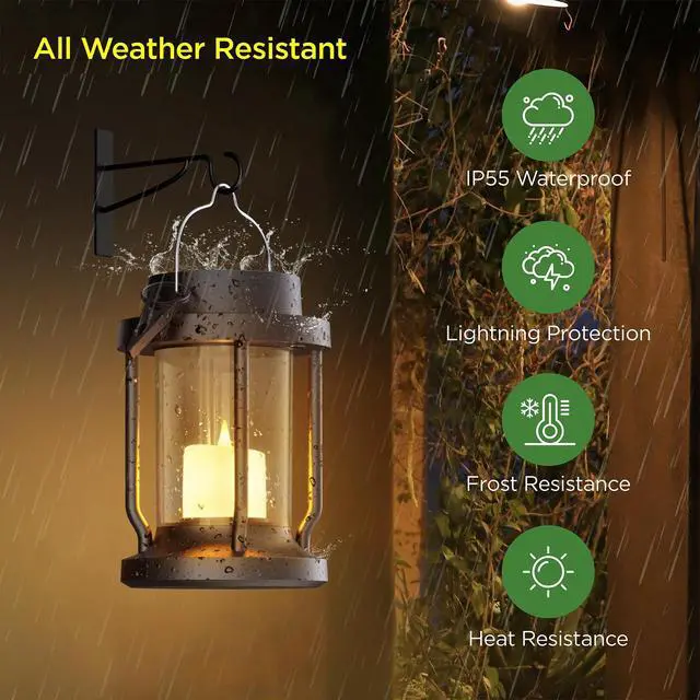 Alt view image 3 of 7 - Solar Lantern Outdoor Indoor Use Hanging Solar Lights with Realistic Flickering Flameless Candle, Weatherproof for Garden Decor, Patios, Trees, and Lawns (Black, 2 Pack)