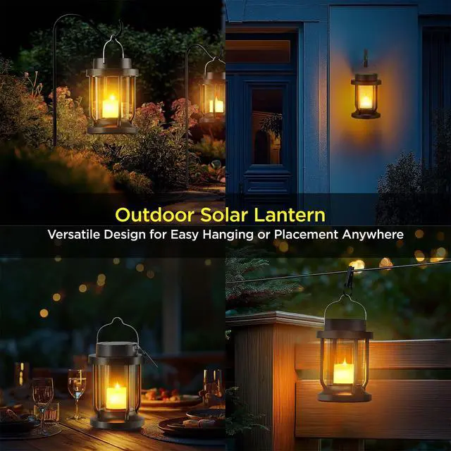 Alt view image 5 of 7 - Solar Lantern Outdoor Indoor Use Hanging Solar Lights with Realistic Flickering Flameless Candle, Weatherproof for Garden Decor, Patios, Trees, and Lawns (Black, 2 Pack)