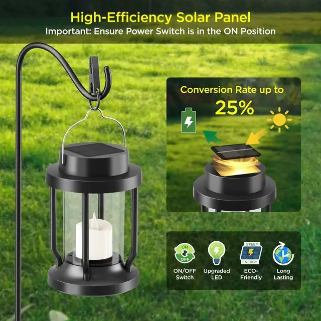 Alt view image 4 of 7 - Solar Lantern Outdoor Indoor Use Hanging Solar Lights with Realistic Flickering Flameless Candle, Weatherproof for Garden Decor, Patios, Trees, and Lawns (Black, 2 Pack)