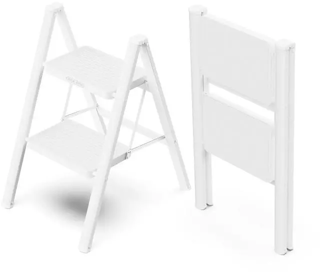 Main image of 2 Step Foldable Step Stool, 330lbs Load, White | Folded 26'' H x 2'' T; Net 7.4 lbs; Anti-Slip Feet Grip Wood, Tile, Carpet; Wide Pedals; For Kitchens, Closets