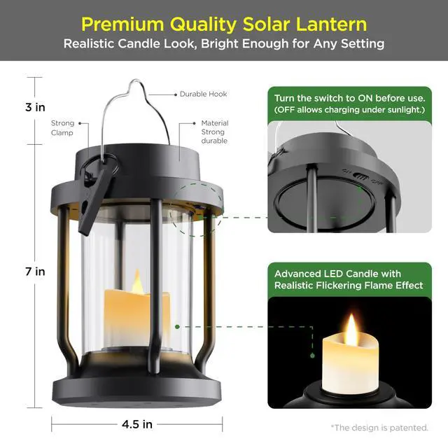 Alt view image 6 of 7 - Solar Lantern Outdoor Indoor Use Hanging Solar Lights with Realistic Flickering Flameless Candle, Weatherproof for Garden Decor, Patios, Trees, and Lawns (Black, 2 Pack)
