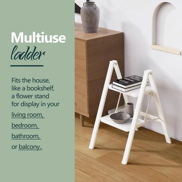 Alt view image 5 of 6 - 2 Step Foldable Step Stool, 330lbs Load, White | Folded 26'' H x 2'' T; Net 7.4 lbs; Anti-Slip Feet Grip Wood, Tile, Carpet; Wide Pedals; For Kitchens, Closets