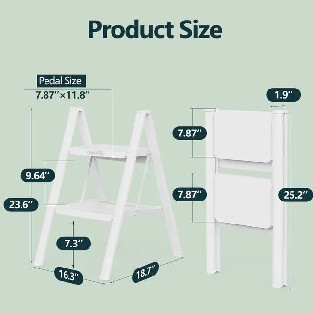 Alt view image 6 of 6 - 2 Step Foldable Step Stool, 330lbs Load, White | Folded 26'' H x 2'' T; Net 7.4 lbs; Anti-Slip Feet Grip Wood, Tile, Carpet; Wide Pedals; For Kitchens, Closets